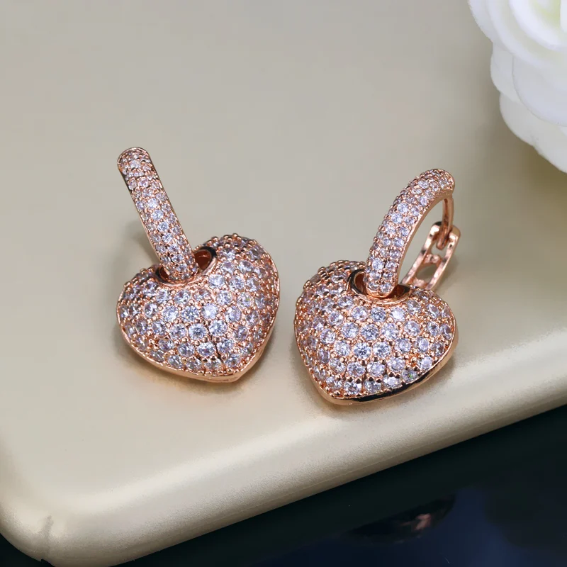 Pera Fashion Korean Cute Style Clear Hoop Cubic Zirconia Paved Rose Gold Color Big Heart Shape Stud Earrings For Women Gift E304