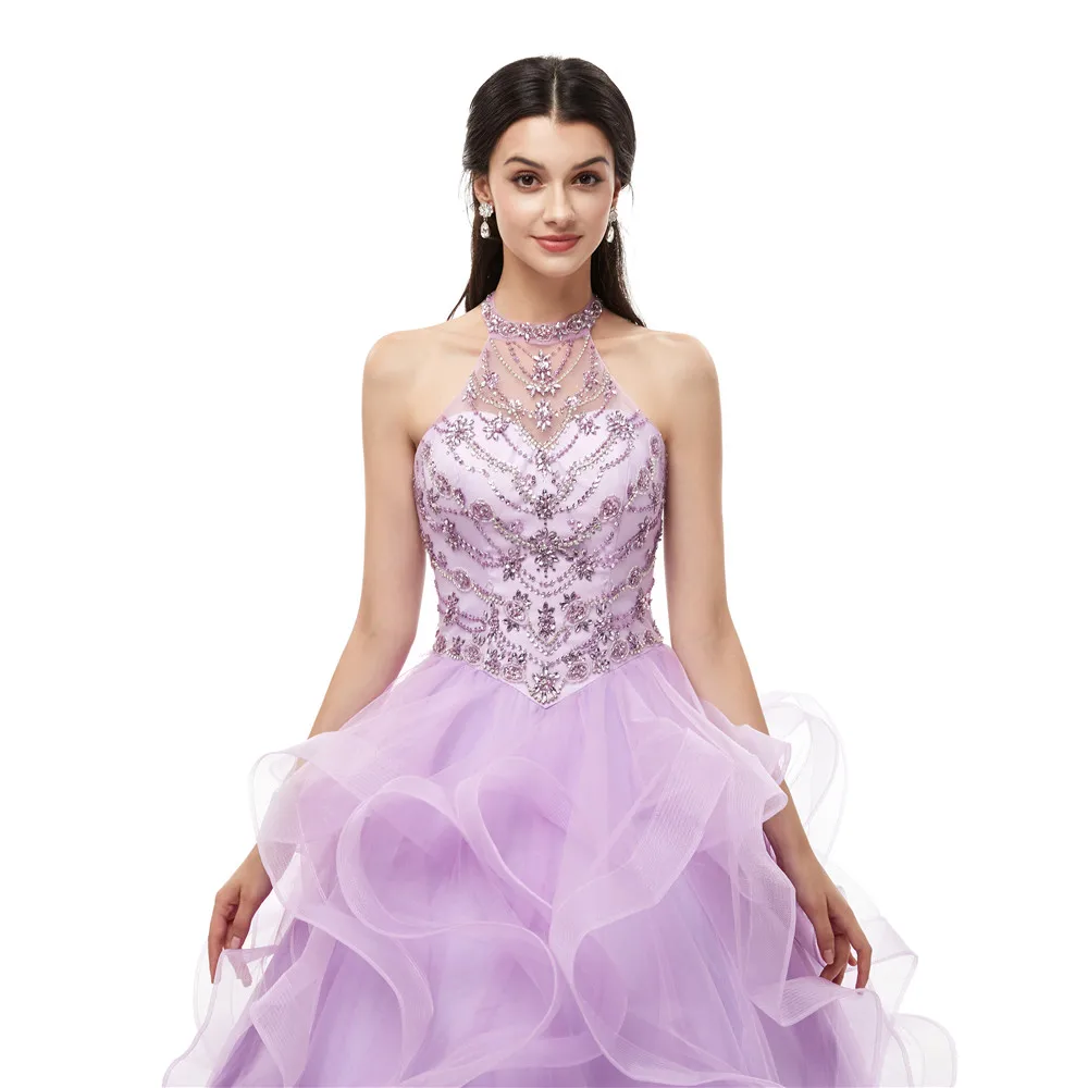 Janevini Mewah Gaun Pengantin Putri Lilac Quinceanera Gaun Halter Berat Manik-manik Puffy Tulle Prom Pesta Vestidos Dulces 16