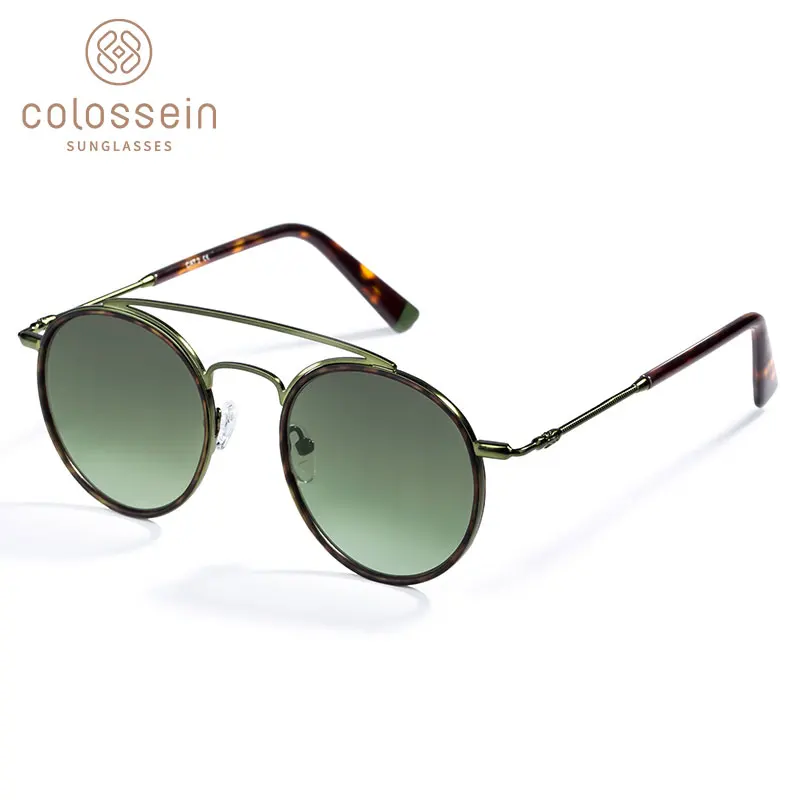 COLOSSEIN Sunglasses Women Men Retro Fashion Round Glasses UV400 Double Nose Bridge Metal Acetate Frame Eyewear Tortoise UV400