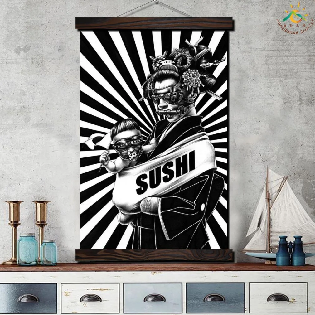 Japanese Housewife and Son Modern Wall Art Print Pop Art Picture And Poster Frame Scroll Canvas Painting Black and White Posters