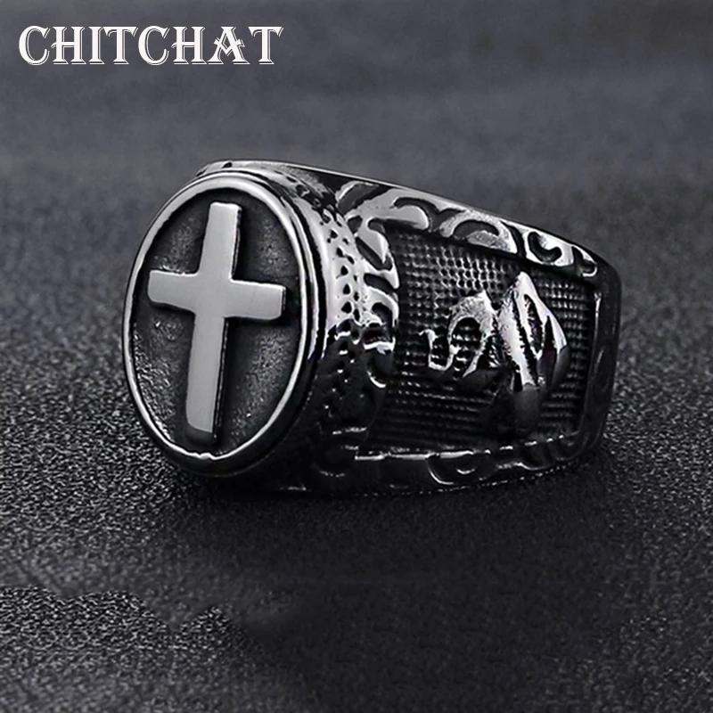 Titanium Steel Cross Red Shield Man Ring Templar Crusade Cross Ring Medieval Signet Retro Vintage Punk Finger Rings