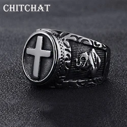 Anillo de cruz de acero de titanio para hombre, anillo de Cruz de Cruzada Templaria, sello Medieval, Retro, Vintage, Punk