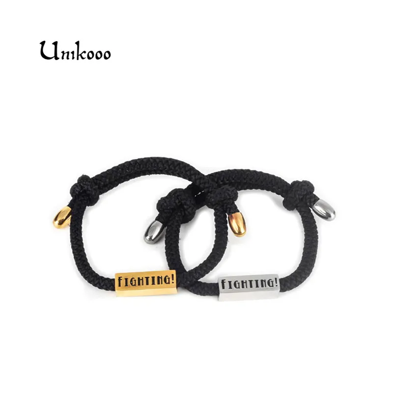 Nylon Rope Bracelets For Women Men Couple Stainless Steel Square Letter FIGHTING Enamel Elastic Bracelet pulseira