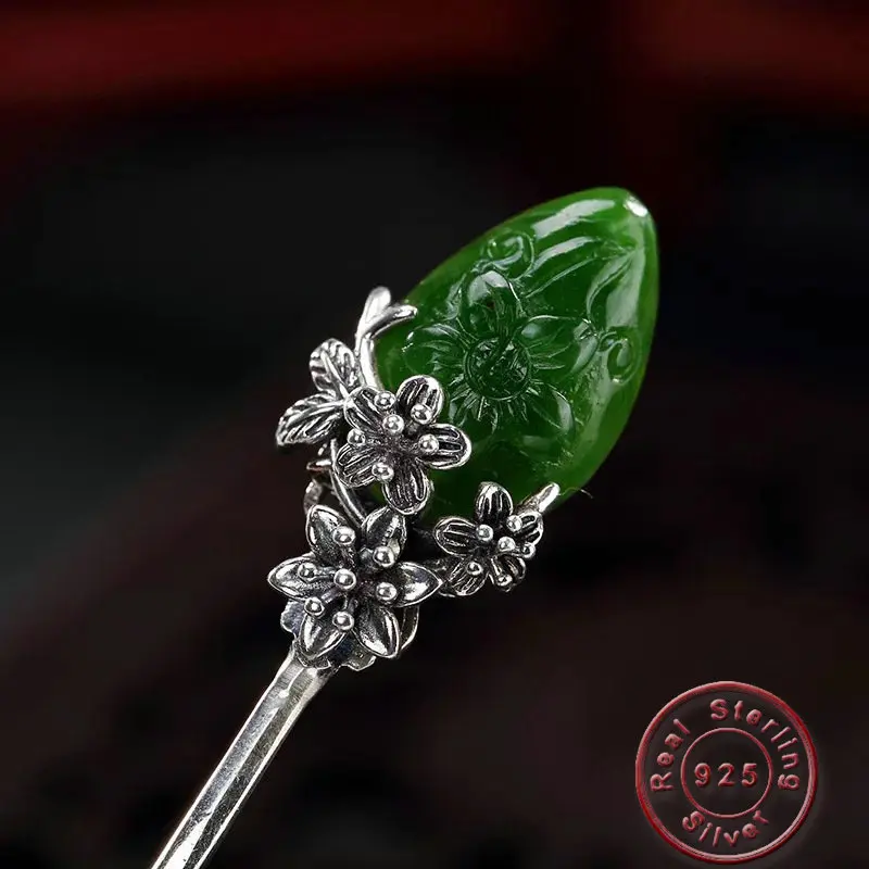 Amxiu Luxury Natural Green Stone Hairwear Magnolia Flower Hair Sticks S925 Hair Jewelry Vintage Antique Silver Hair Accessories