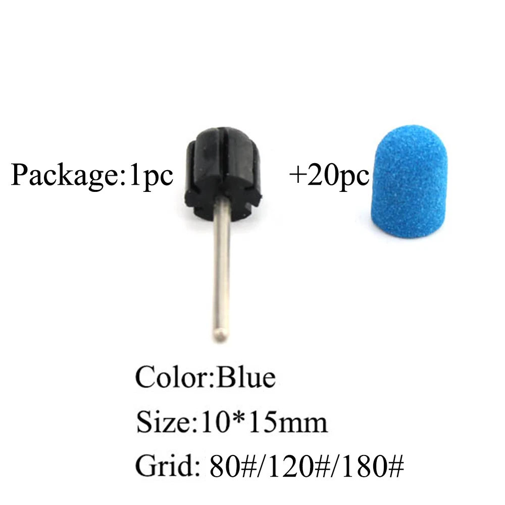 20Pcs Sanding Caps Plastic Blue Sanding Bands 10*15mm With Rubber Grip Pedicure Polishing Sand Block Foot Cuticle Tool