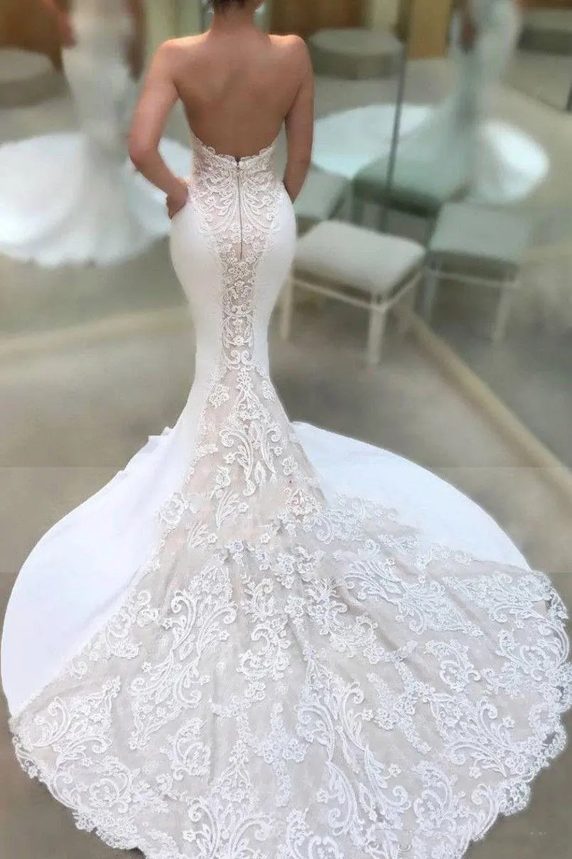 Novo vestido de novia sereia vestidos de casamento querida sem mangas zíper sem costas varredura trem applique plus size casamento nupcial