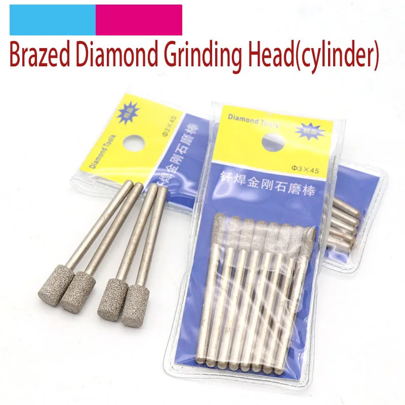 

5pcs 3mm Shank Cylindrical Brazed Diamond Grinding Head Burrs Carving Peeling Bits Tools For Jade Stone Glass Metal Ceramic Mill