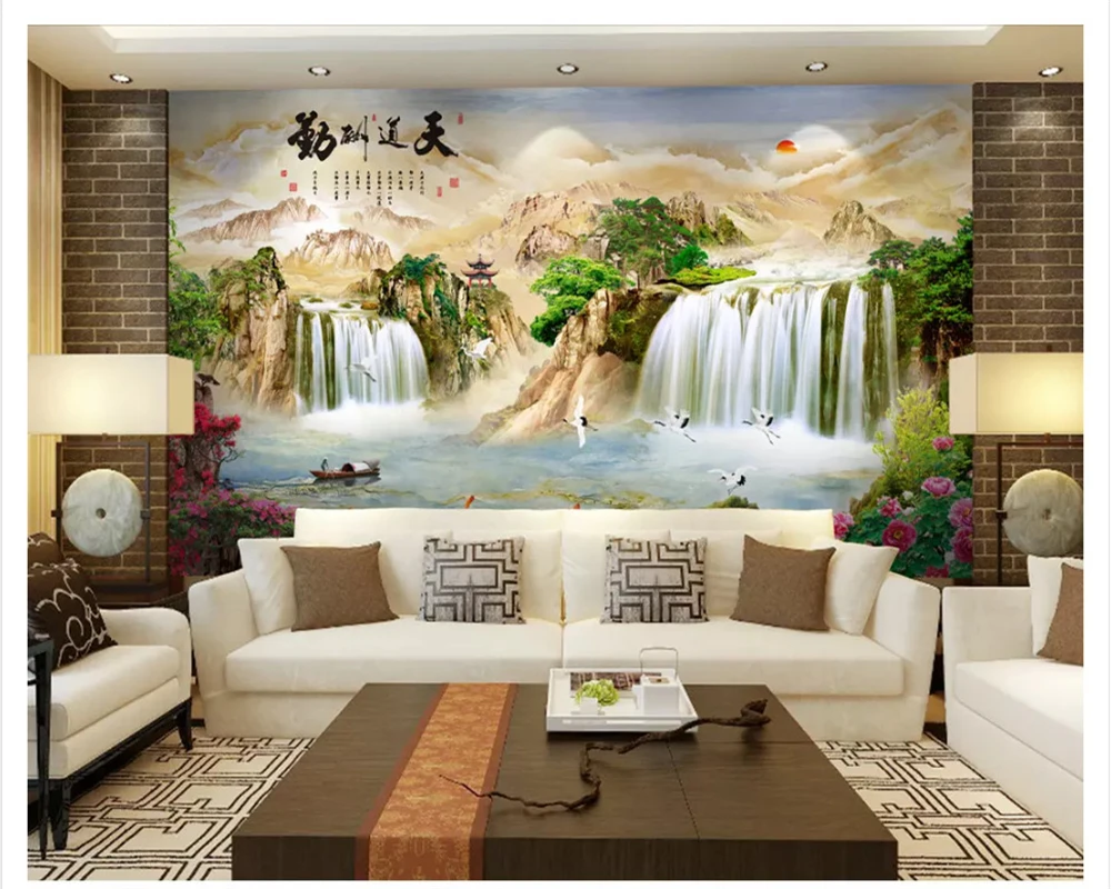 

beibehang Classic fashion three-dimensional modern silky wallpaper landscape waterfall TV sofa full house wall papers home decor