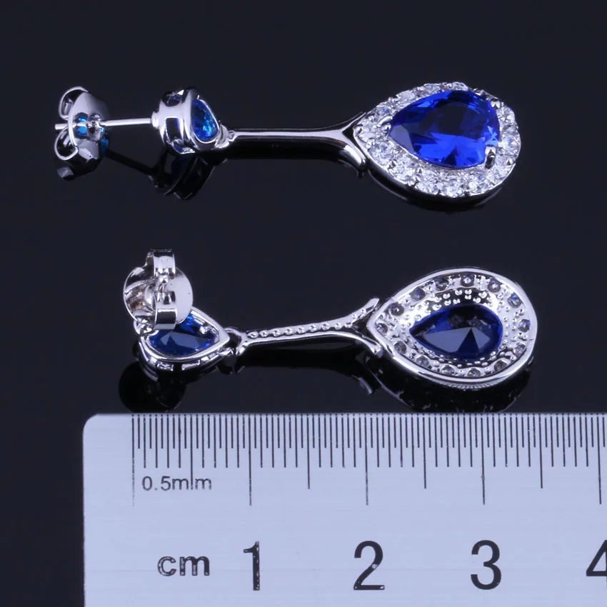 Majestic Water Drop Blue Cubic Zirconia White CZ Silver Plated Drop Dangle Earrings V0724