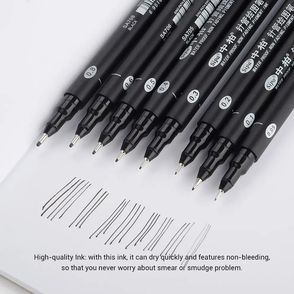 Sipa 8 pieces Ultra Fine Black Ink Pens for Drawing, Illustration, Sketching, Designing, Writing, 8-Pack