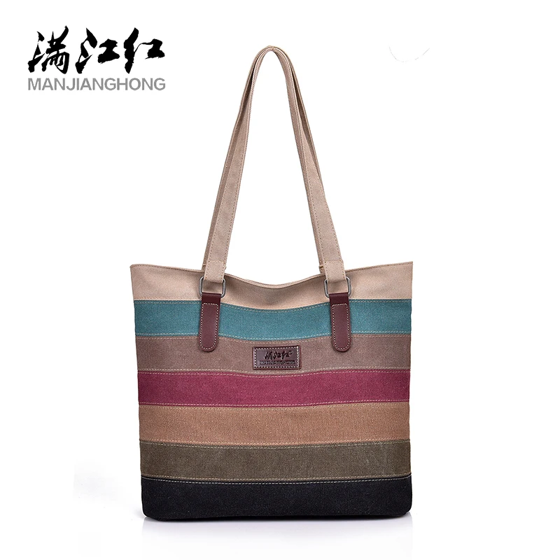 

Manjianghong Canvas Striped Bag Patchwork Canvas Ladies Handbag New Fashion Large-Capacity Shopping Bag Casual Wild Shoulder Bag