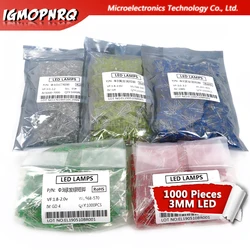 1000pcs blu, verde, rosso, giallo, bianco 3 millimetri led diodi emettitori di luce