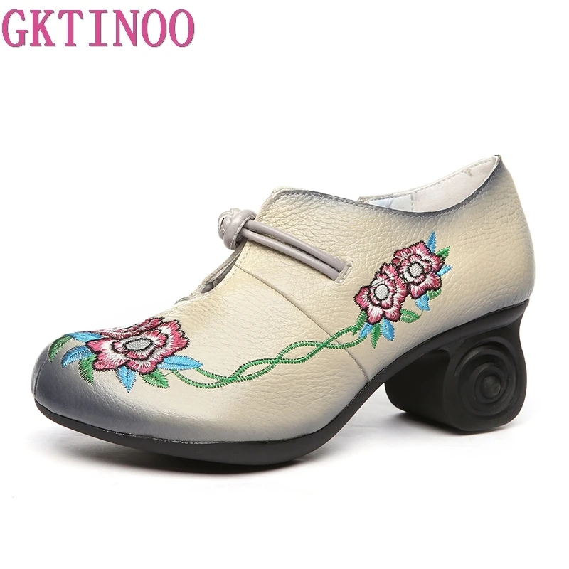 GKTINOO Delle Donne Del Ricamo Pompe Grigio Della Signora 6 CENTIMETRI Tacchi Alti Scarpe Fatte A Mano Delle Donne Del Cuoio Genuino Pompa I Pattini