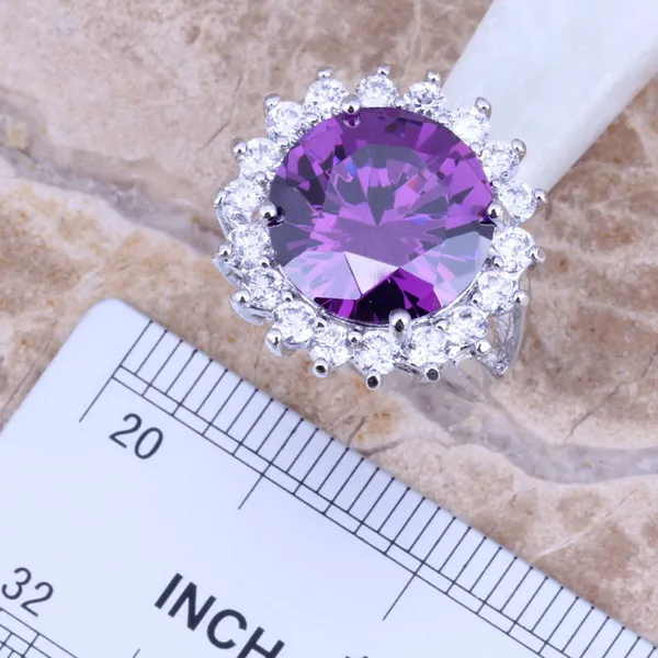 Purple Cubic Zirconia White CZ Jewelry Sets Earrings Pendant Ring Size 6 / 7 / 9 / 10 S0017
