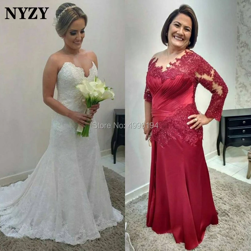 NYZY M171 bordowy formalne sukienka satynowa zakładki Lace matki panny młodej i pana młodego sukienki eleganckie abiti da cerimonia da sera