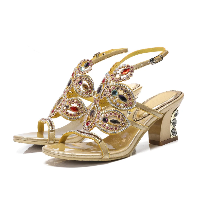 2019 Summer Golden Mask Shape Rhinestone Sandals Non-slip Versatile Fashion Rough Heel Wedding High Heels