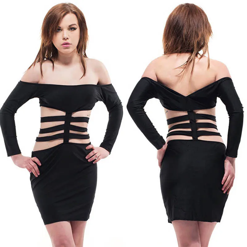 

Women Black Bandage Dress Bodycon 2019 New Arrivals Sexy Cut Out Slash Neck Long Sleeve Hollow Out Backless Party Mini Dress