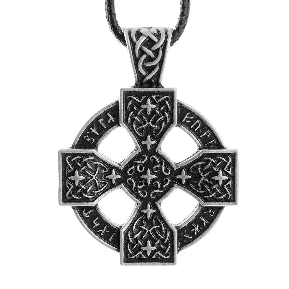 LANGHONG 1pcs Elder Futhark Sunwheel Solar Cross Pendant Necklace Norse Viking Rune Pewter Necklace