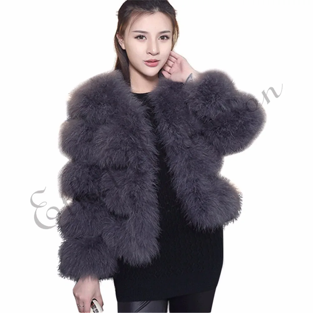 ETHEL ANDERSON Women\'s 100% Real Farm Fluffy Ostrich Turkey Feather Fur Coat Lady Winter Jacket Soft Warmer 3/4 Sleeves Fall