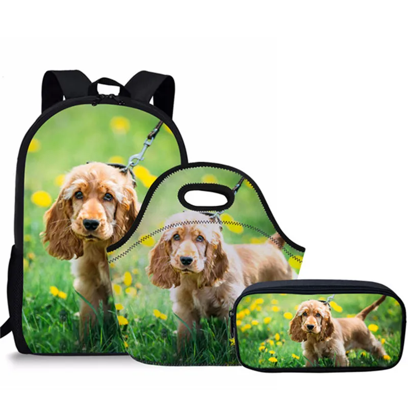 ELVISWORDS-mochilas escolares con estampado de perro Spaniel para niñas y niños, conjunto de 3 unids/set, Mochila Escolar de viaje