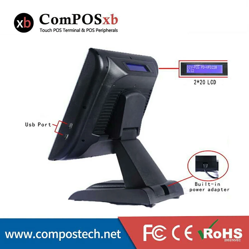 15 Inch Black TFT LED Touch Screen Computer All In One Pos System With VFD Customer Display