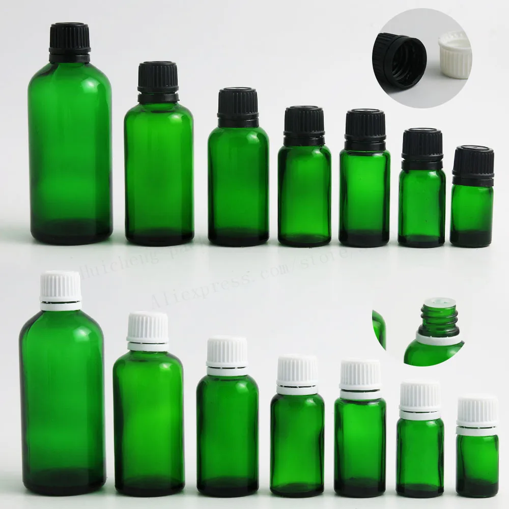 200 x 5ml 10ml 15ml 20ml 50ml 100ml Green Glass Container Bottles With Black White Tamper Evident Cap 1oz Cosmetic Packaging