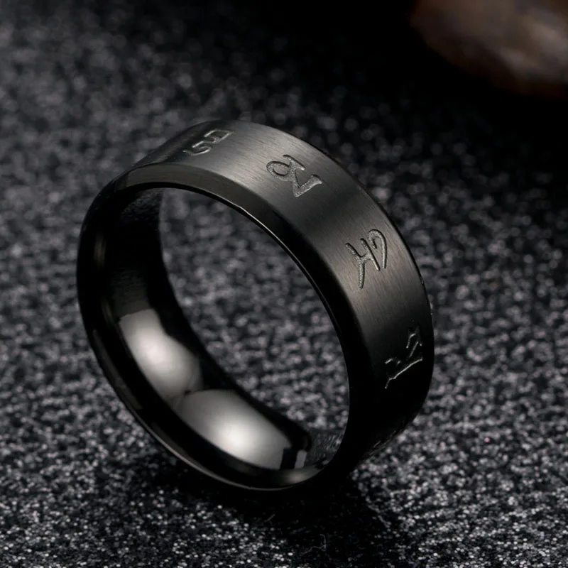 Tibetan Buddhism Black Good Luck Mantra Men\'s Ring Matte Stainless Steel Male Ring Mysterious Religious Buddhist Jewelry