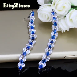 BeaQueen Elegant Women Clear CZ Crystal Long Dangle Drop Costume Jewelery Royal Blue Cubic Zirconia Earrings for Ladies E106