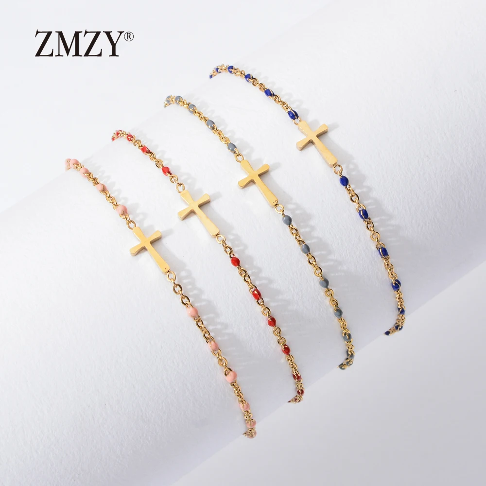 ZMZY Mädchen Boho Dünne Kette Edelstahl Armbänder Für Frauen Gold Farbe Pfirsich Rosa Kreuz Charme Schönes Geschenk – Detail 1