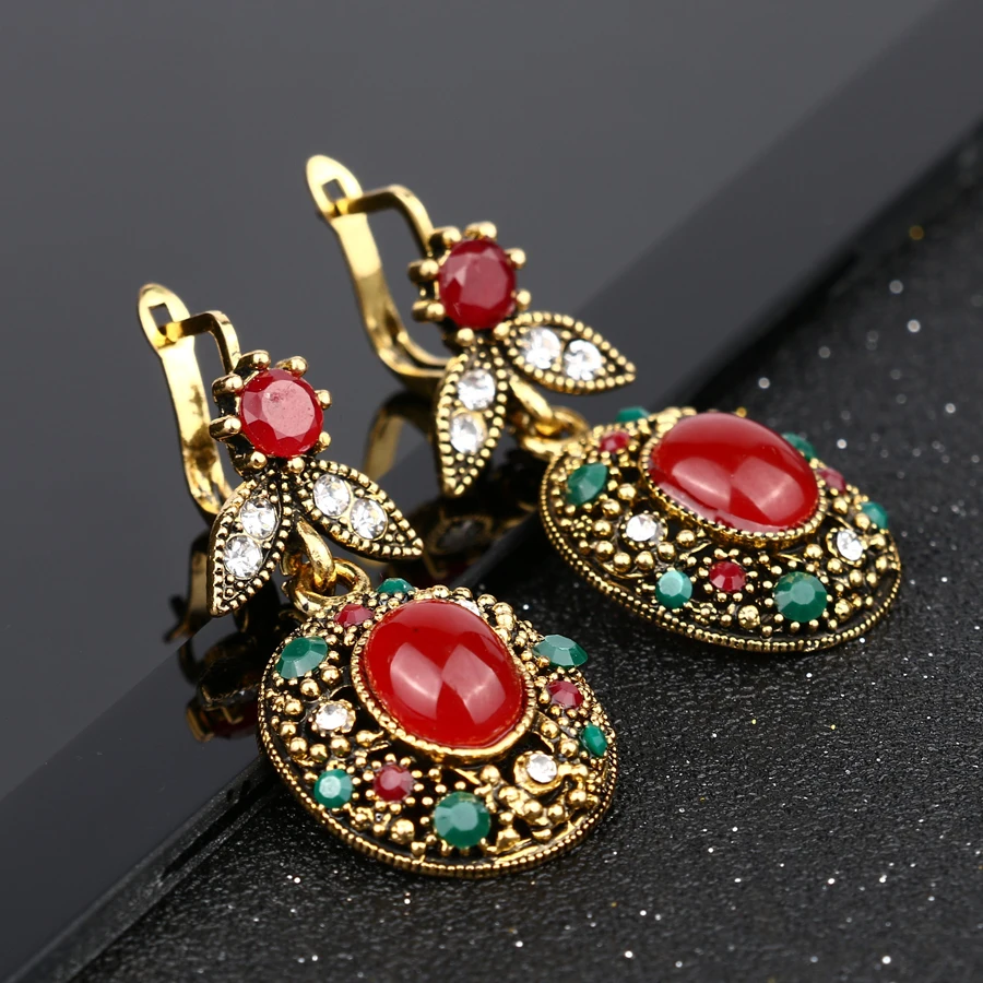 Indian Gold Statement Earrings For Women Vintage Boho Big Red Blue Stone Clip On Earings Fashion Turkish Jewelry 2018