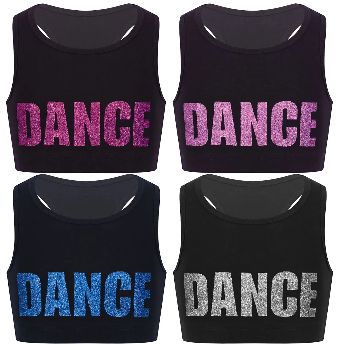 FEESHOW Kids Girls Sleeveless Shiny Letters DANCE Printed Crop Top Sports Gymnastics Ballet Tops Stage Performance Dance Costume