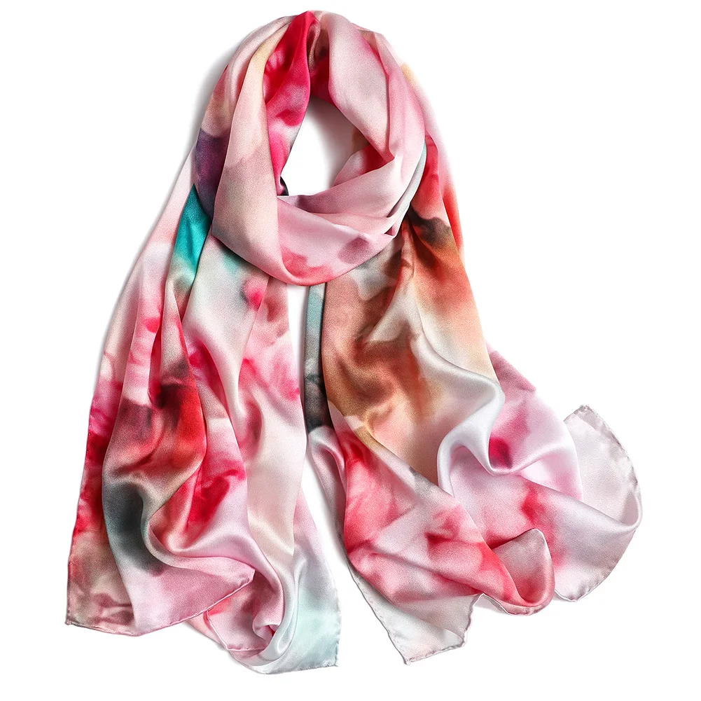 DANKEYISI Women Silk Scarf Floral Print Ladies Long Silk Scarf Shawl Real Silk Beach Shawl Cover Ups Women Silk Scarves Wraps