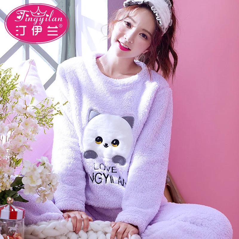 

Girls Warm Flannel Pajama Lady Autumn Winter Thick Flannel Suit Long-sleeve Coral Velvet Homewear Female Leisure Nightwear D1083