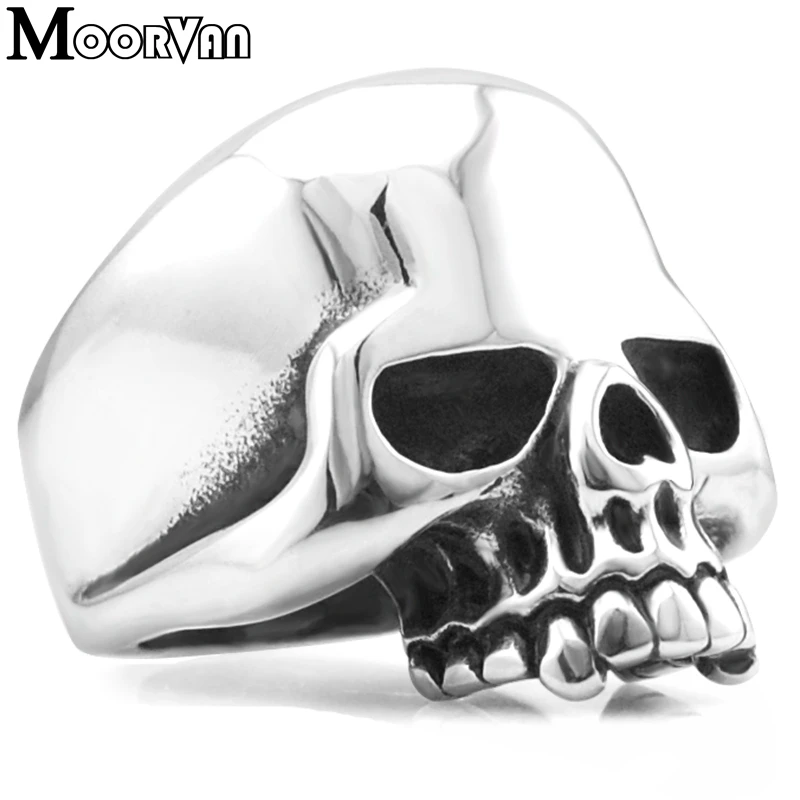 Moorvan Drop ship Cool Stainless Steel Rings For Men Trendy Smooth Polishing Big Tripple Skull Ring Punk Biker Jewelry VR312