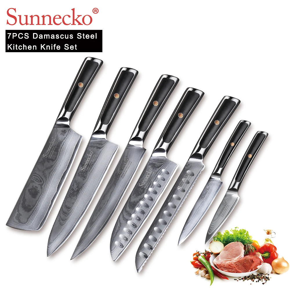 

SUNNECKO Damascus Kitchen Knives Set Japanese VG10 Steel Meat Cutter G10 Handle High Quality Chef Utility Slicer Paring Knife