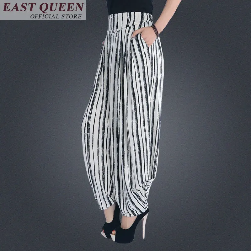 

Hobo summer bohemian pants women new fashion 2018 white black slide strip hippie high waist frill little feet casual DD765 a