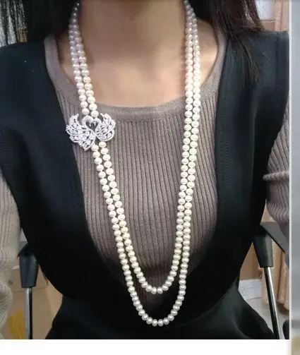 

free shipping double strands 9-10mm round white pearl necklace 24"26"