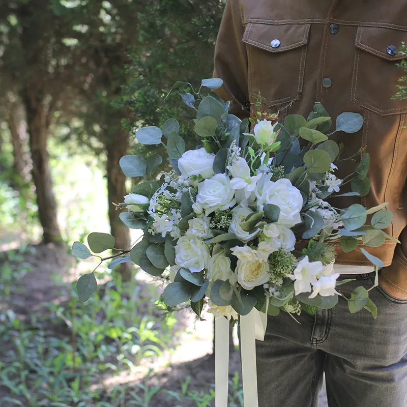 JaneVMini-Boho Buquê De Casamento, Flores Brancas Elegantes, Toque Real, Rosas De Seda Artificiais Para Dama De Casamento, Acessórios Do Casamento