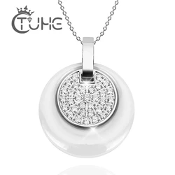 White Pendant Necklace Double Layers Circle Ceramic With Bling Rhinestone Crystal For Women Fashion Jewelry 40cm Steel Chains