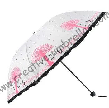 Ladies' Summer parasol,three fold, lacing fringe,hand open,windproof,pocket/bag parasol,UV protecting,black coating