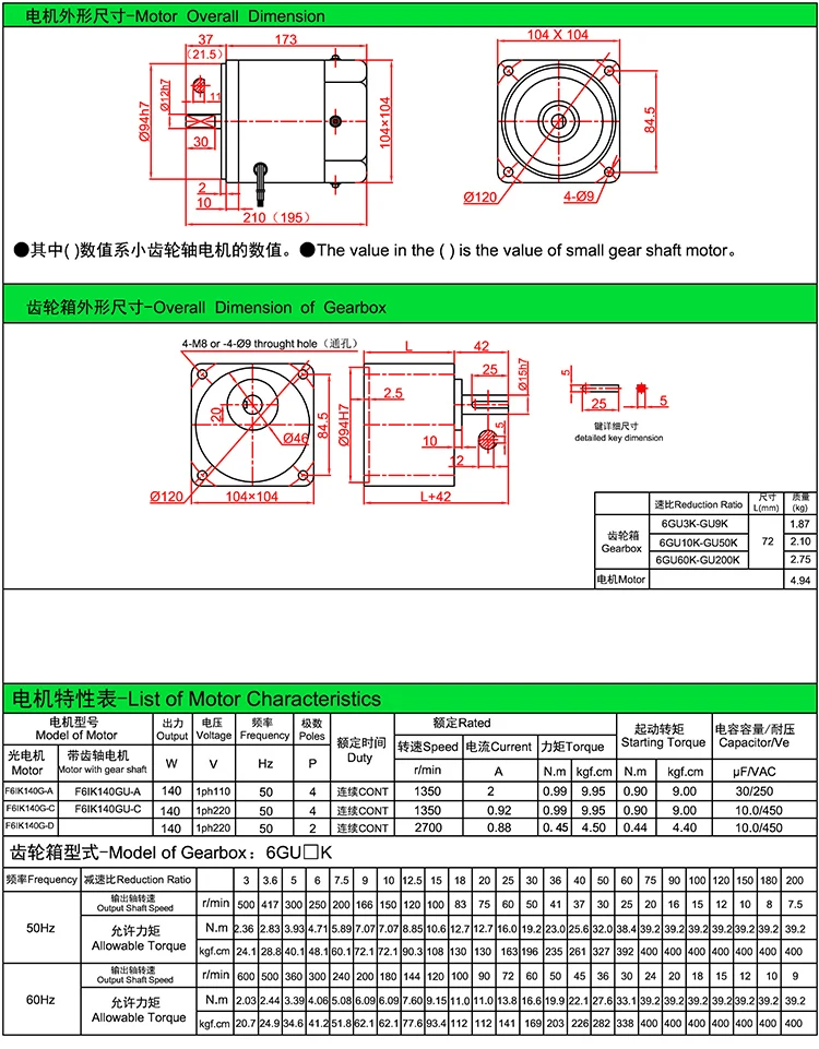 6M140GU-C 220V AC 140W Single-phase Electric Adjustable Speed Reducer Geared Motor+Speed Controller Reversible Speed Regulation