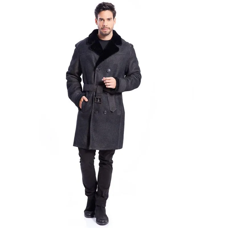 

Stylish and Generous: Men's Long Black Leather Shearling Lapel Jacket with Classic Double-Breasted Belt Design