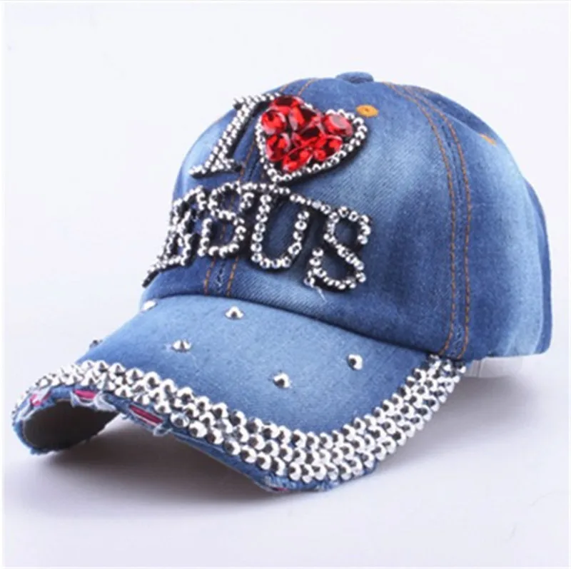 WJ7621 Customize Women  denim cloth  Artificial stones bling bling red i love heart Jesus  Customize  Cotton  Baseball Caps