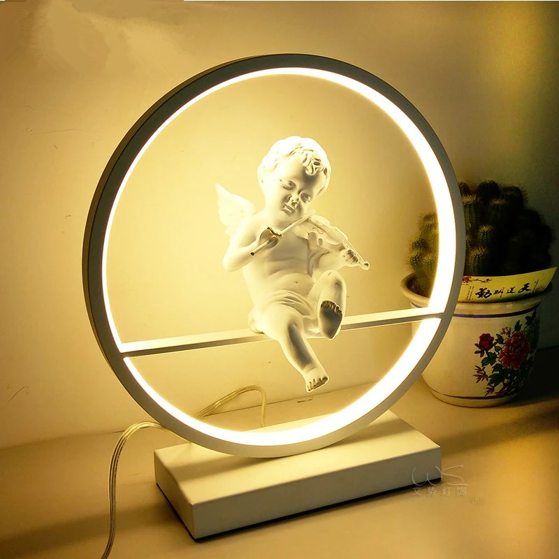 GZMJ Modern Table Lamp Black White Desk Lights Round Acrylic Decorative Lampadas Table Lights for Bedroom Angel Play the Guitar