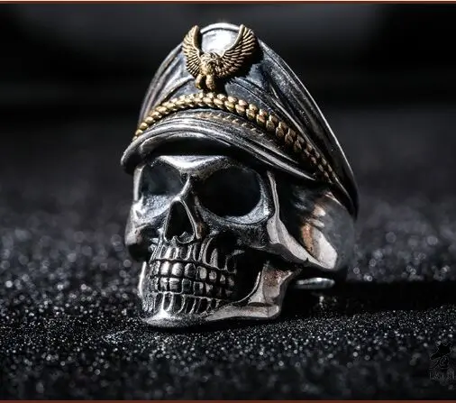 New 100% real S925 pure silver jewelry ring for male fashion WWII skull officer domineering mens ring Thai silver ring for Man