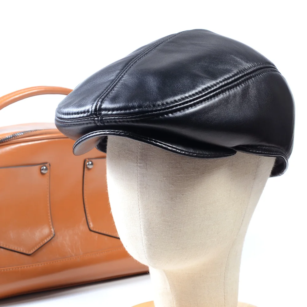 

Men's Real Leather Winter Warm Sheepskin Beret Golf Cap Newsboy Hats/caps