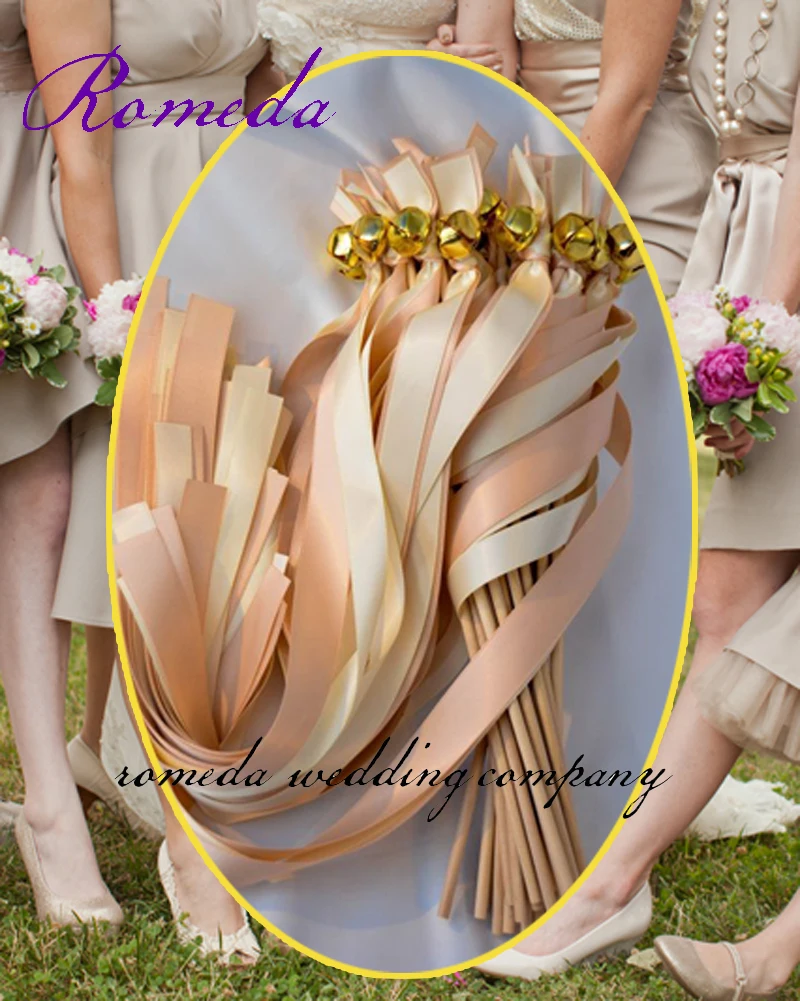 

(50Pieces/Lot) Cream Ribbon Stick Wands Wedding Favor Ribbon Sticks With Gold Bell