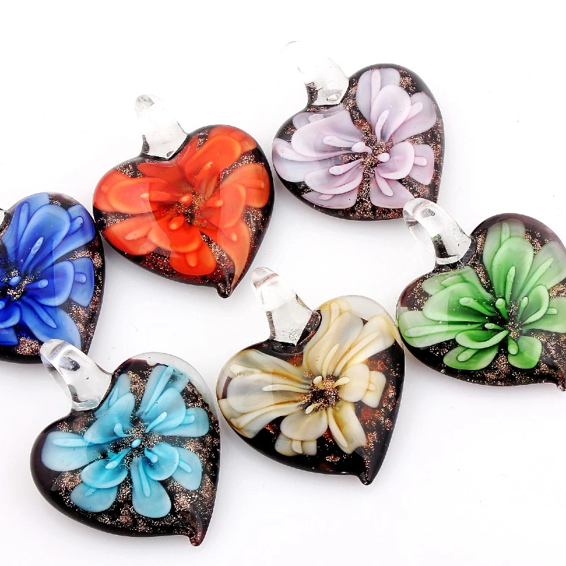Q Fashion Wholesale 6pcs Handmade Murano Lampwork Glass Mix Color Flower Heart Pendants Fit Necklace