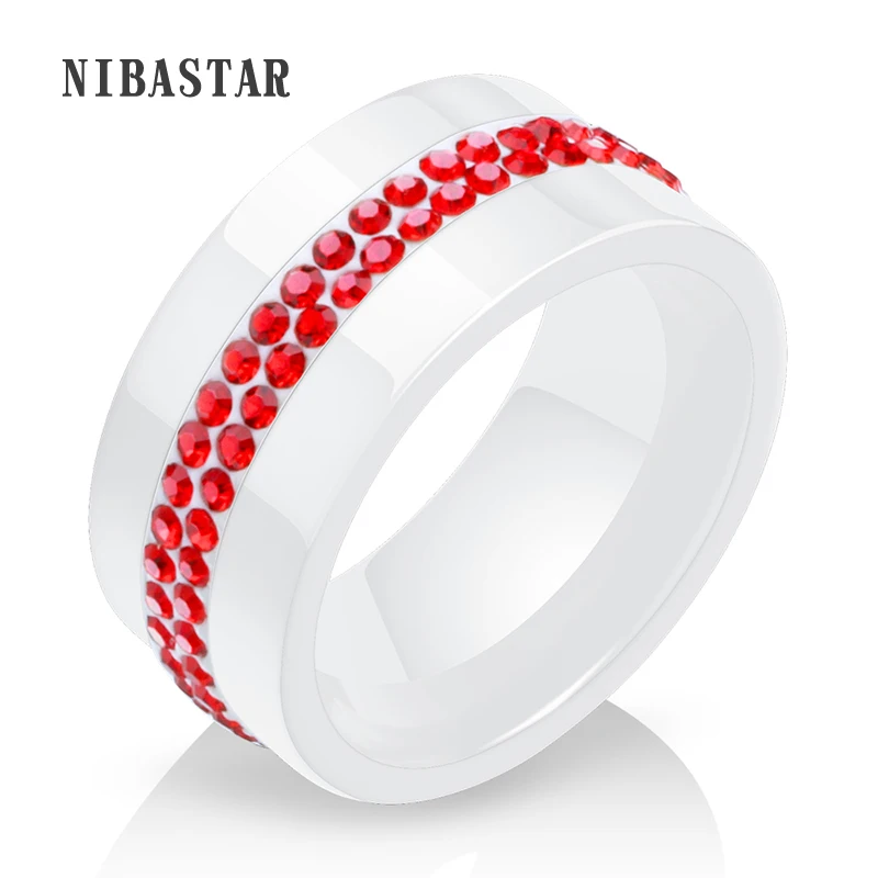 Nowa moda szeroki 10mm biały 2 wiersz czerwony kryształowa ceramiczna pierścienie kobiety obietnica zaręczynowy pierścionek Wedding Band prezenty dla kobiet