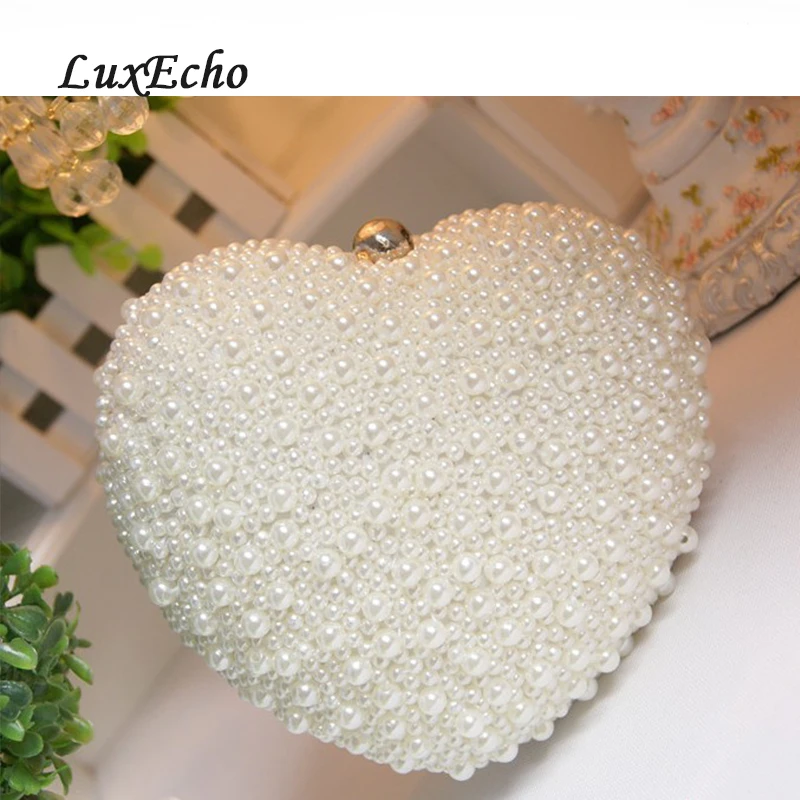 Large love white/ivory pearl heart day clutch bag evening party bag  woman clutch girl wedding bag bridal handbags